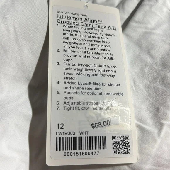 Lululemon align cropped Cami tank  A/B size 12 white NWT - Picture 8 of 12
